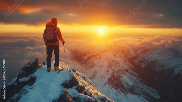 Obraz A Hiker Stands on a Mountain Peak at Sunset