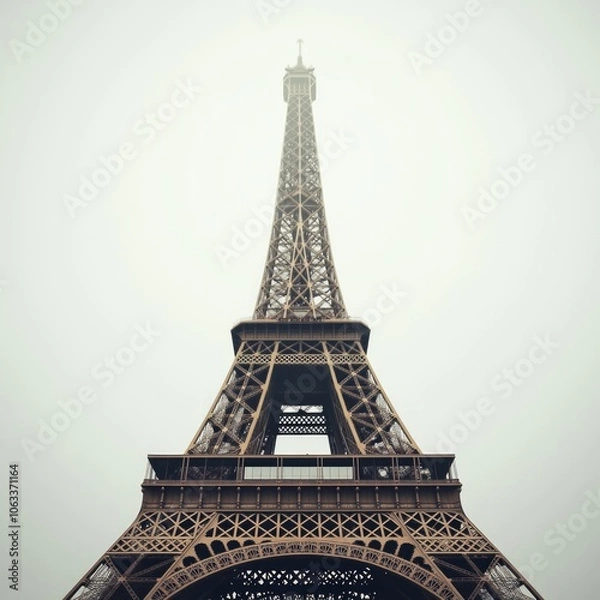 Fototapeta A low-angle view of the Eiffel Tower shrouded in fog.