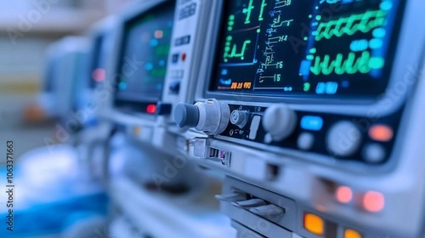 Fototapeta Intensive care nurses monitoring life-support equipment for a patient, carefully checking the machines and ensuring comfort with empty space for text