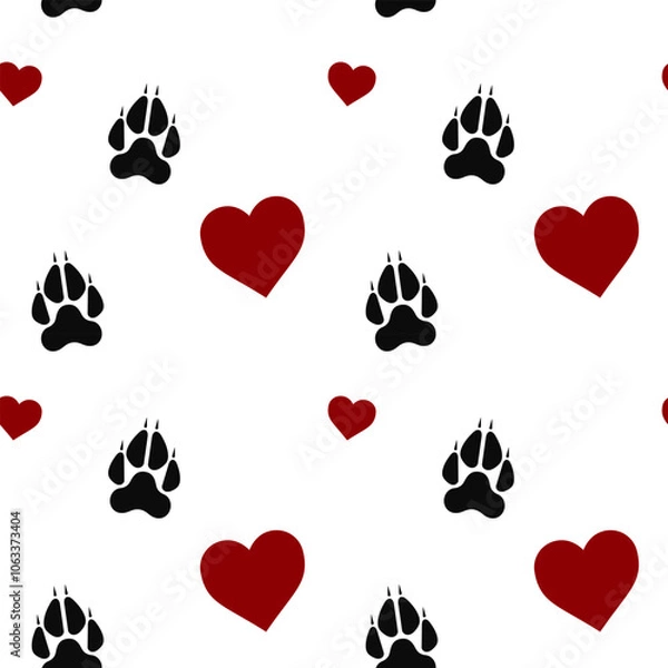 Obraz Wolf dog black paw pawprint with red heart seamless pattern in flat design on white background. Decorative endless backdrop animal tracery for fabric, textile, backdrop, wrapping paper. Vector illustr