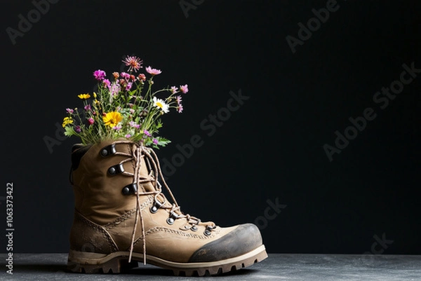 Fototapeta Worn hiking boots transformed into a planter with wildflowers, spring concept with space for text.