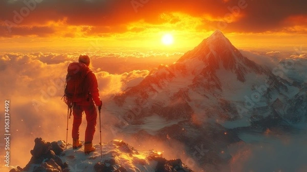 Obraz Climber Stands on Mountain Peak, Admiring Sunset
