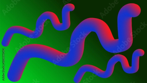 Fototapeta Three wavy objects like snake with pink blue gradient on green gradient background