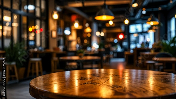 Fototapeta Round Table in Foreground, Industrial Cafe Background