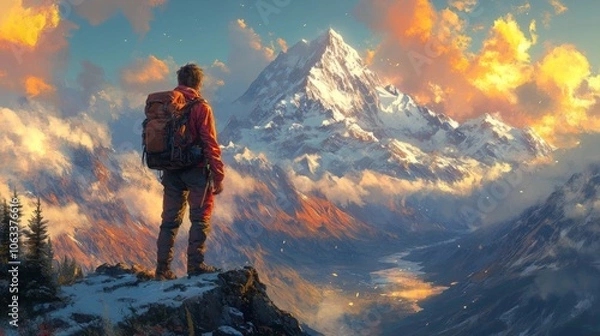 Obraz Hiker Contemplates Majestic Mountain Range at Sunset