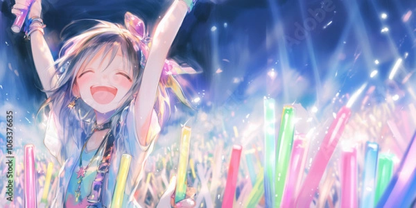 Obraz 推しのアイドルを全力で応援して元気を養う女の子。水彩画風イラスト。