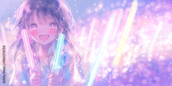 Obraz 推しのアイドルを全力で応援して元気を養う女の子。水彩画風イラスト。