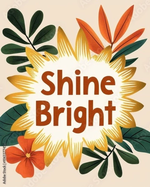 Fototapeta Concept of a motivational quote for a positive mindset affirmation. A vibrant design featuring foliage and the uplifting phrase "Shine Bright" in bold letters conveying positivity and enthusiasm