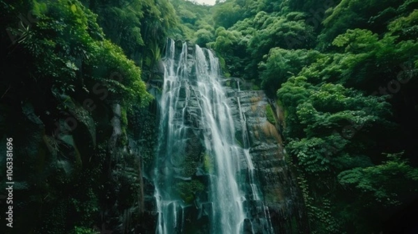 Fototapeta A serene waterfall surrounded by dense foliage and vibrant greenery