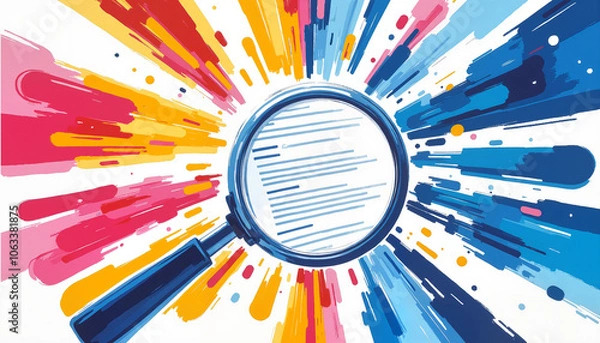 Fototapeta Dynamic abstract design with magnifying glass focusing on job application form surrounded by vibrant colors, job applicant