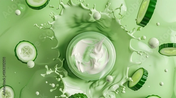 Obraz Cucumber-infused moisturizer cream splash in vibrant green background
