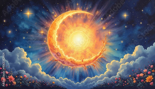 Fototapeta Wiccan solstice artwork featuring a radiant sun within a crescent moon surrounded by stars and flowers