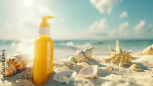 Obraz Sunscreen lotion bottle on sandy beach surrounded by seashells in sunlight
