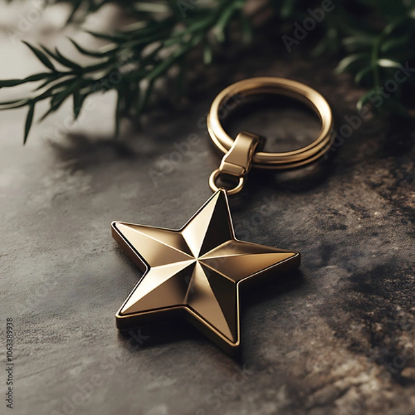 Fototapeta Golden star-shaped keychain on a rustic stone surface with greenery.