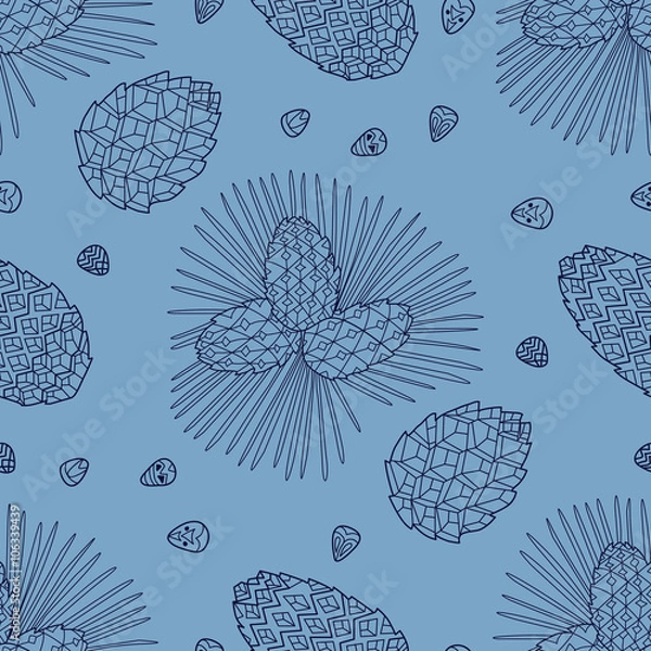 Obraz Stylish seamless texture with doodled Baikal pinecones in blue c