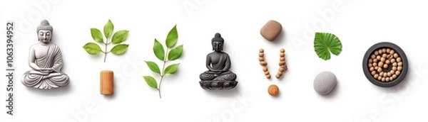 Obraz A serene collection of Buddha statues, natural elements, and meditation objects for a peaceful, spiritual vibe.