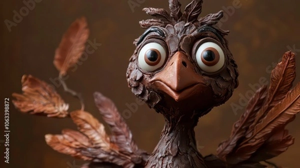 Fototapeta Whimsical chocolate turkey bird sculpture with expressive eyes and detailed feathers on a brown background, Halloween creative card concept