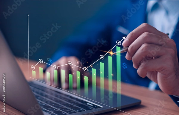 Fototapeta 2024 business financial plan market concept, performance of profit growth on 2024 to 2025, education trend up finance on growth graph money revenue, Businessman analyzes profitability of working.
