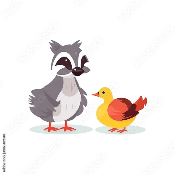 Fototapeta Cute Raccoon and Duckling Illustration