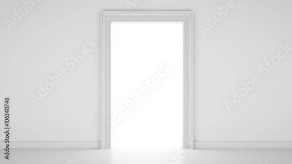 Fototapeta An open white door against a plain white background, empty, exit
