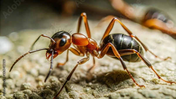 Fototapeta An ant is seen actively exploring a textured surface, showcasing its intricate body parts and vibrant colors in a natural habitat illuminated by sunlight