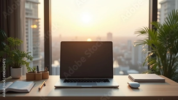 Fototapeta A laptop sits on the desk in front of the window