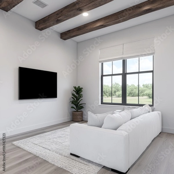 Obraz Modern living room with white sofa, large window, and wooden beams.