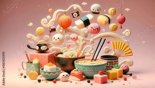 Fototapeta A fun background inspired by Japan’s culinary treasures, including sushi, ramen, and mochi. Cartoon characters made from food (like sushi rolls with playful faces).