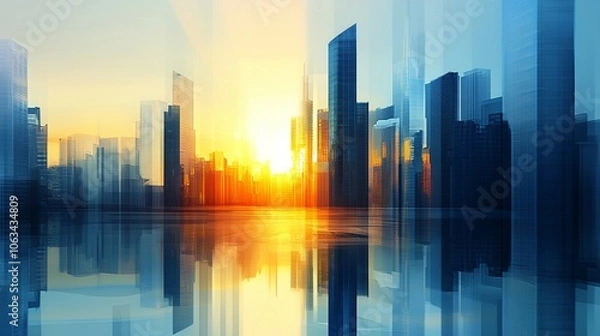 Fototapeta Abstract sunset cityscape with futuristic skyscrapers and blue reflections, illuminated by warm sunlight for corporate use.
