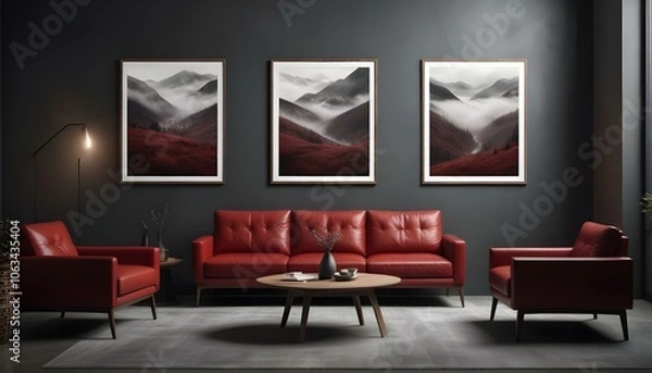 Fototapeta A modern living room with a red leather sofa, a wooden coffee table, and three framed landscape photographs on the wall depicting moody.