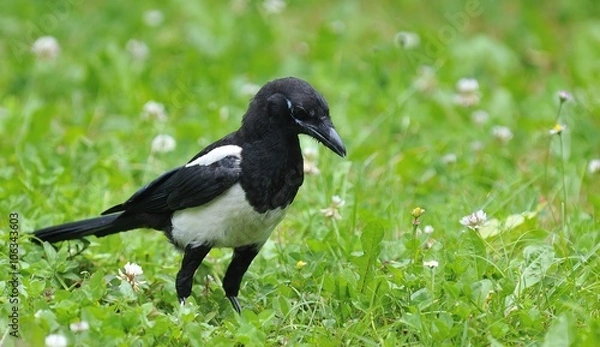 Fototapeta Magpie on field.