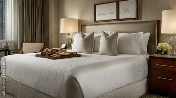 Fototapeta Neatly prepared bed in a luxury hotel room with a welcome tray including snacks and a handwritten note