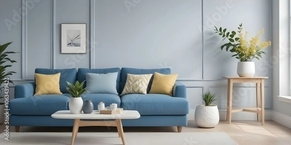 Fototapeta A modern living room with a blue sofa, white and yellow throw pillows, a wooden coffee table, and a potted plant on the windowsill.