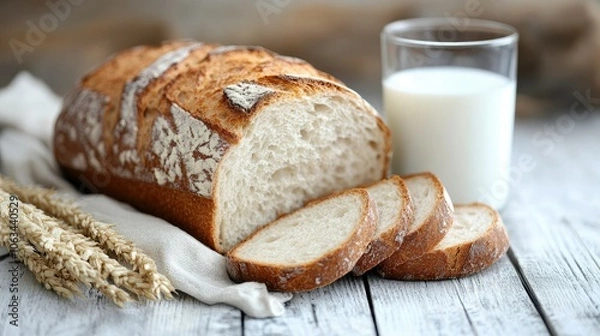 Fototapeta Rustic white wooden table with a loaf of homemade bread, freshly sliced, beside a glass of milk
