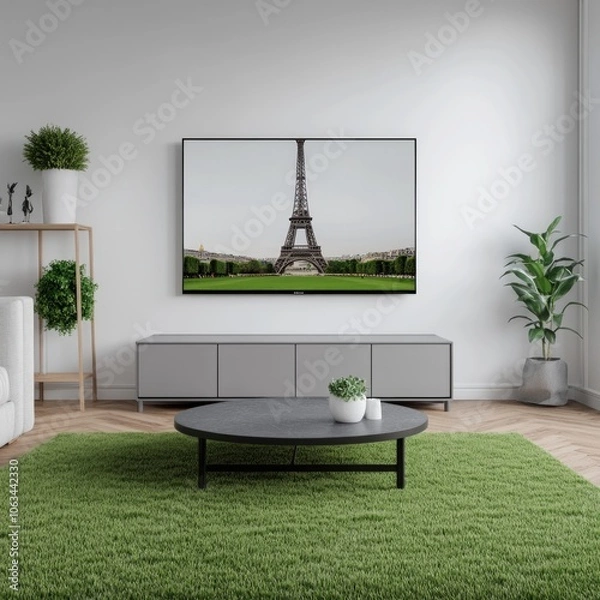 Fototapeta Modern living room featuring a TV displaying the Eiffel Tower.