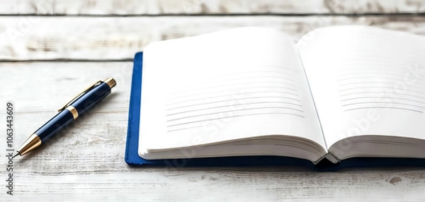 Fototapeta An open notebook rests on a rustic wooden surface, accompanied by a blue pen, inviting creativity and reflection.