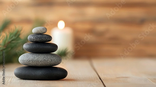Fototapeta A serene stack of stones on a wooden surface, complemented by a soft candlelight, evoking tranquility and balance.