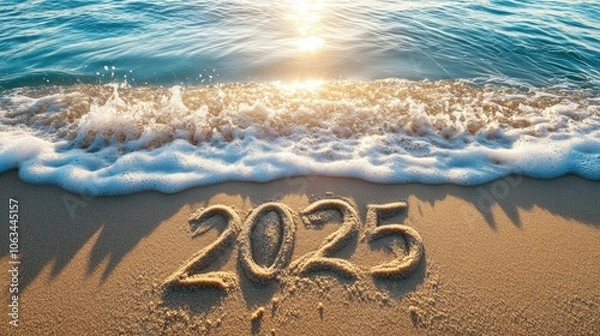 Fototapeta Year 2025 Written on Sand by Ocean Wave