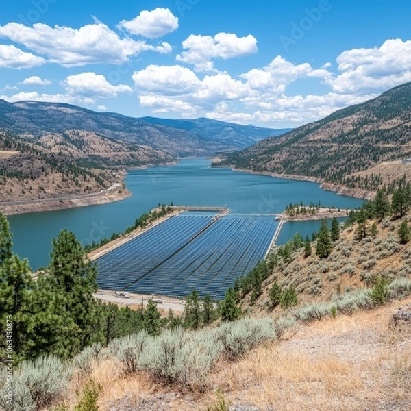 Fototapeta Scenic view of a solar farm by a lake surrounded by mountains.