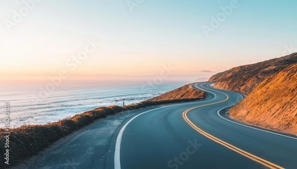 Fototapeta A winding coastal highway with cliffs and the ocean below, ample sky space for text, dramatic sunset, Scenic, Photography