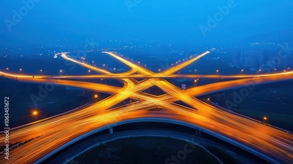 Fototapeta Busy highway intersection with streaks of car lights captured at night, long exposure shot, Dynamic, Photography