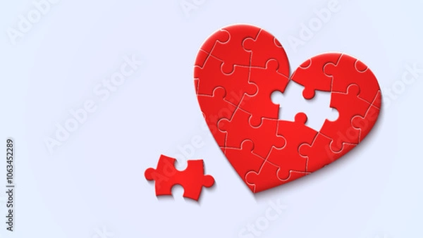 Fototapeta Incomplete heart-shaped red jigsaw puzzle piece. Concept of healthy living, loving heart health, relationship, and love. Missing puzzle on a white background