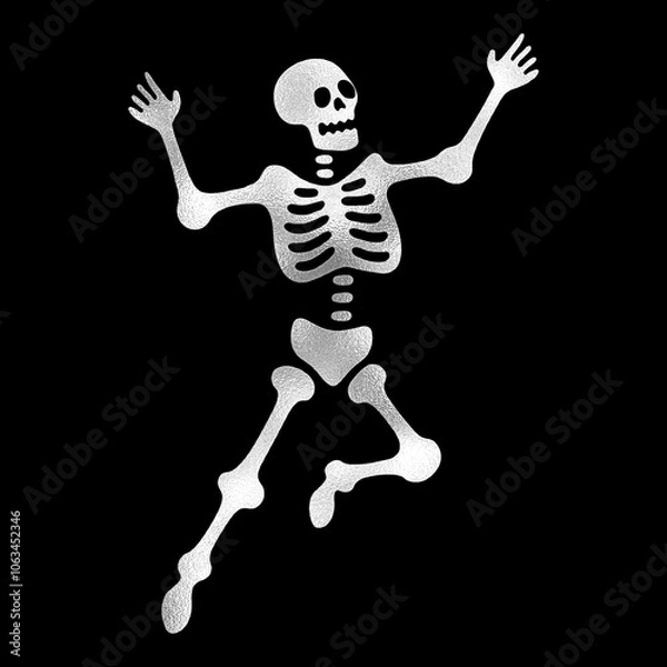 Fototapeta コミカルなポーズの骸骨のシルバーの切り絵風イラスト　黒背景の切り抜き