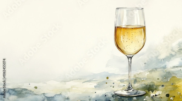 Fototapeta Elegant wine glass with white wine on abstract watercolor background