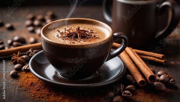 Fototapeta Hot coffee with a cinnamon stick and chocolate shavings on top, creating a cozy and aromatic presentation.