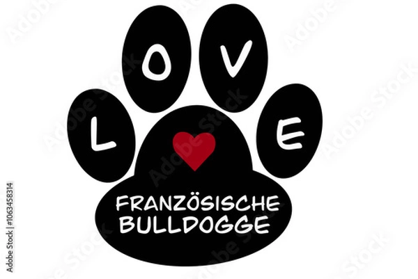 Fototapeta Vector of a dog paw print with the word "französische bulldogge" inscribed inside