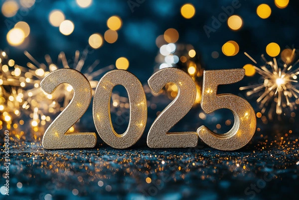 Obraz Sparkling golden numbers celebrating the arrival of the new year 2025 amidst festive lights and decorations Generative AI