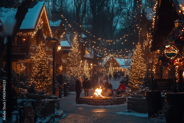Fototapeta Festive village street adorned with Christmas lights and decorated trees, featuring a cozy outdoor fire pit with people gathering, creating a warm holiday atmosphere