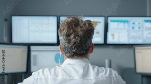 Fototapeta Businessman analyzing data on multiple monitors in modern office environment