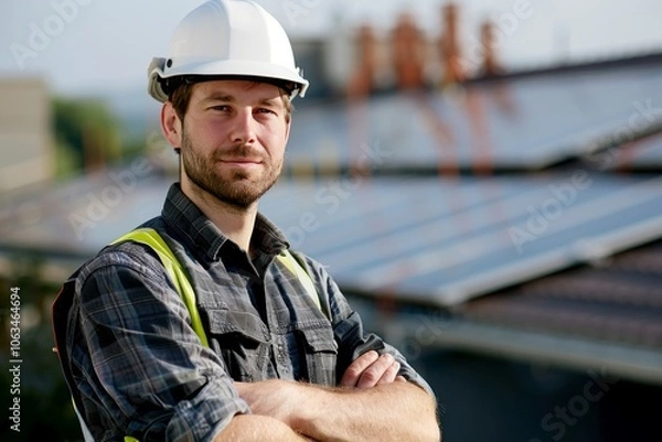 Obraz Professional solar panel expert, dressed in protective gear, looks at the camera with a self-assured stance.